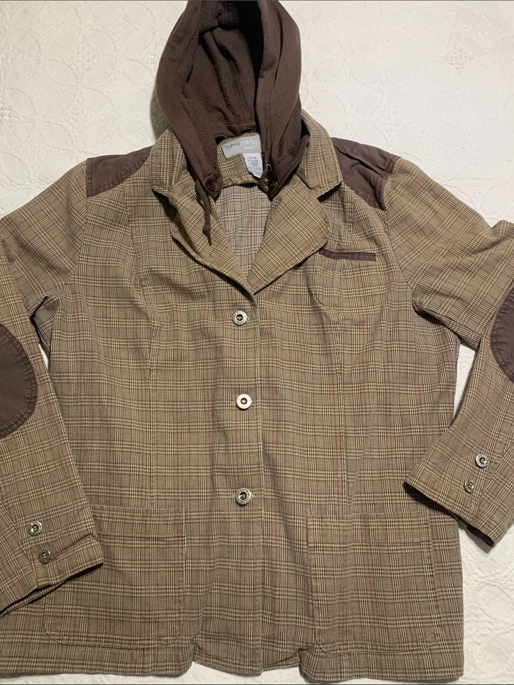 Sag Harbor Brown Plaid Blazer with Hood and Elbow Patches